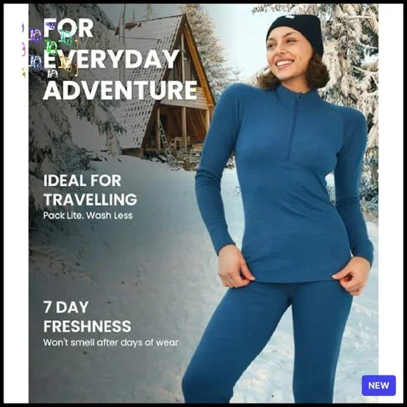 Merino Wool Base Layer Set Zip-Up Thermal Top Bottom Heavyweight - Picture 6 of 8